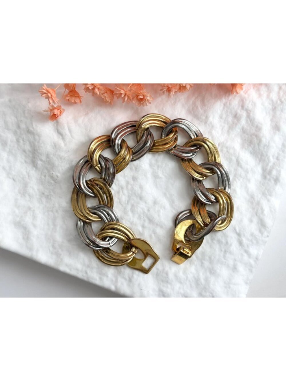 Dual Gold & Silver Double Strung Chunky Vintage 80's Style Bracelet - Picture 12 of 16